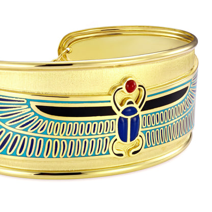 18K Gold Egyptian Winged Scarab Cuff Bangle
