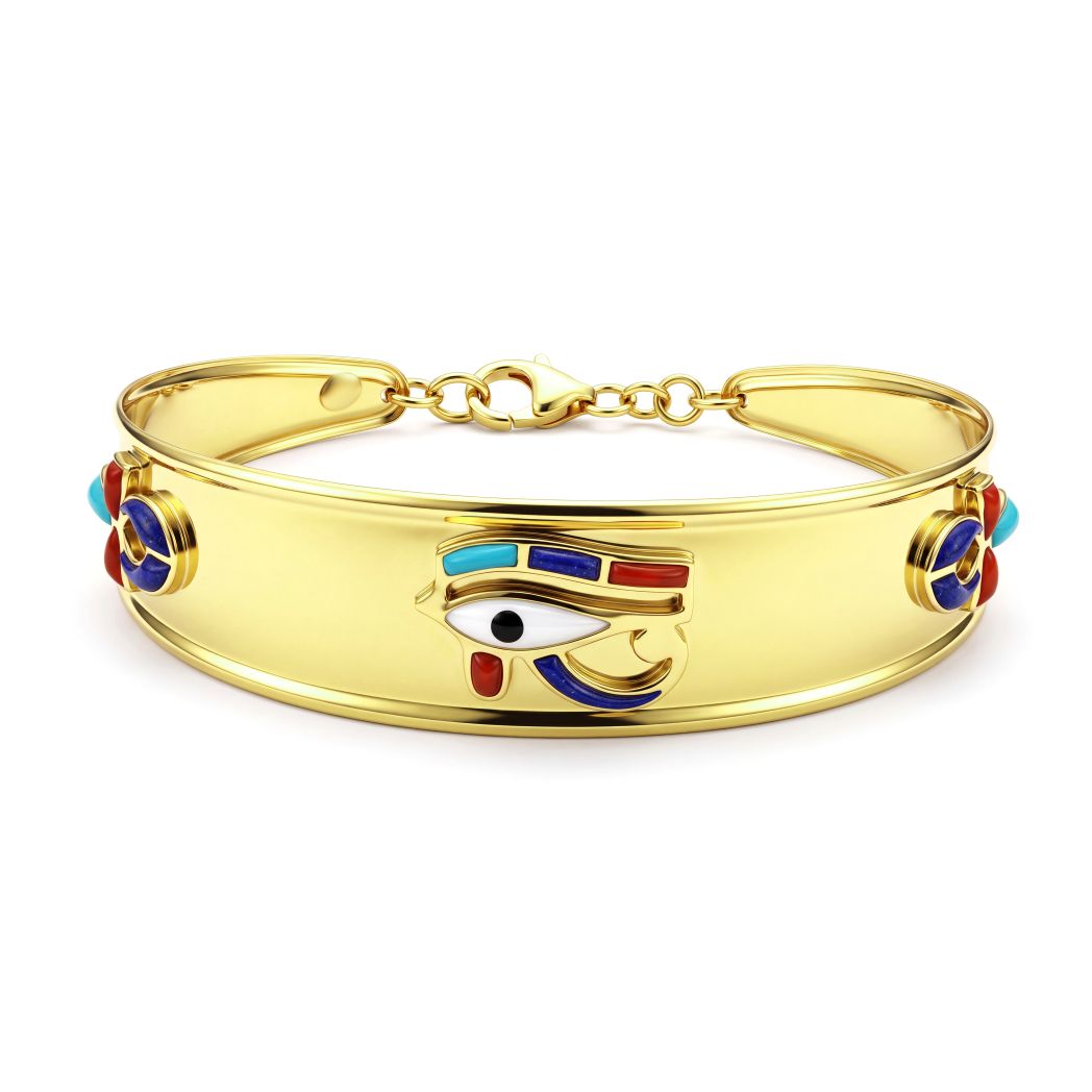 18K Gold Eye of Horus Gemstone Cuff Bangle