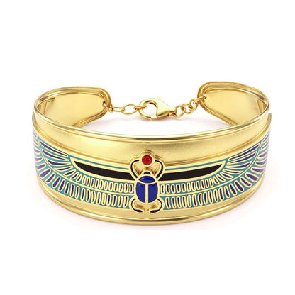 18K Gold Egyptian Winged Scarab Cuff Bangle