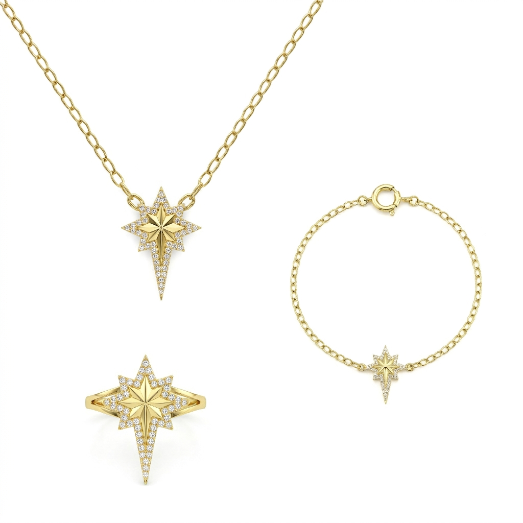 18K Gold Radiant North Star Jewelry Set