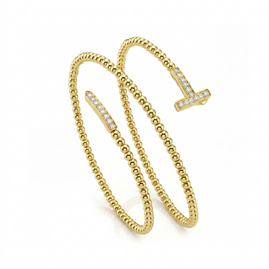 18K Gold Zircon T-Wrap Spiral Bangle