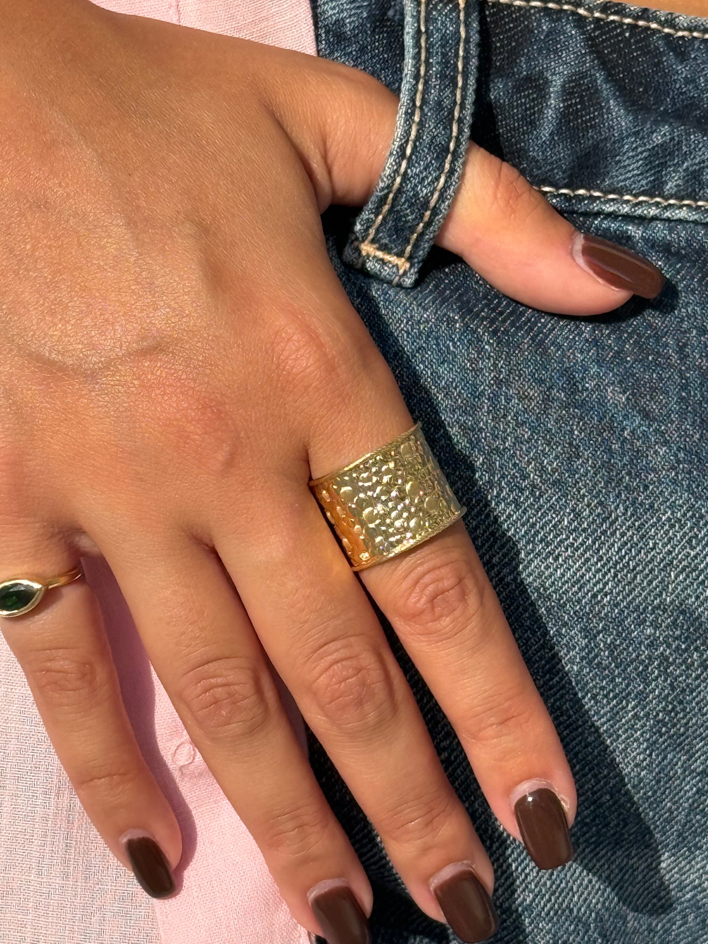 18K Gold Hammered Wide Band Ring