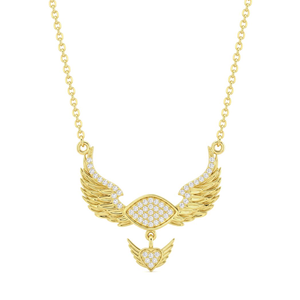 18K Gold Angel Wings & Heart Pendant Necklace
