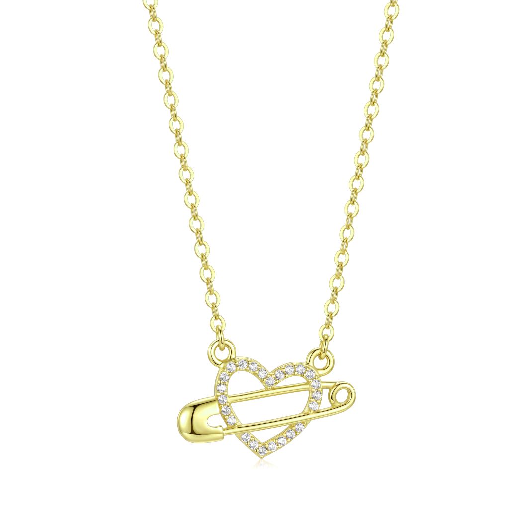 18K Gold Safety Pin Heart Pendant Necklace
