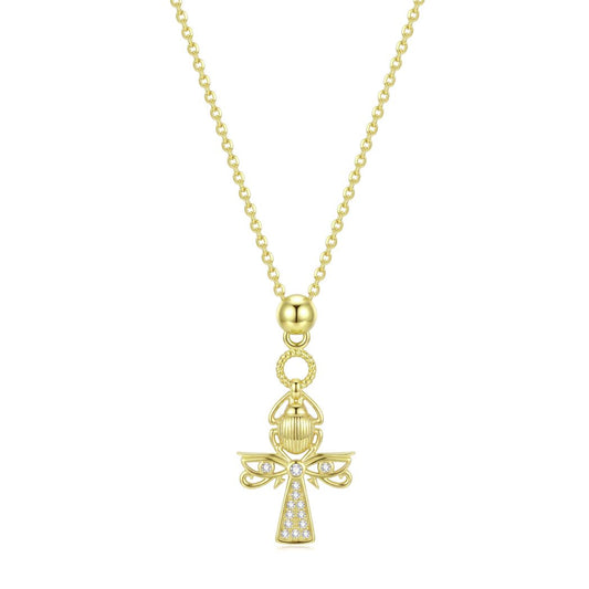 18K Gold Egyptian Ankh & Scarab Pendant Necklace