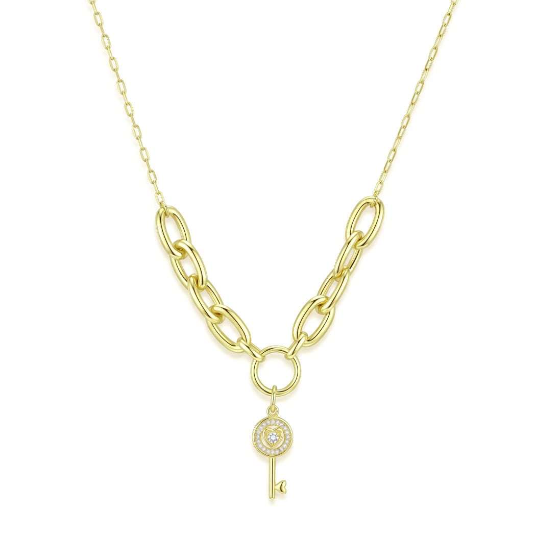18K Gold Key Pendant Link Chain Necklace