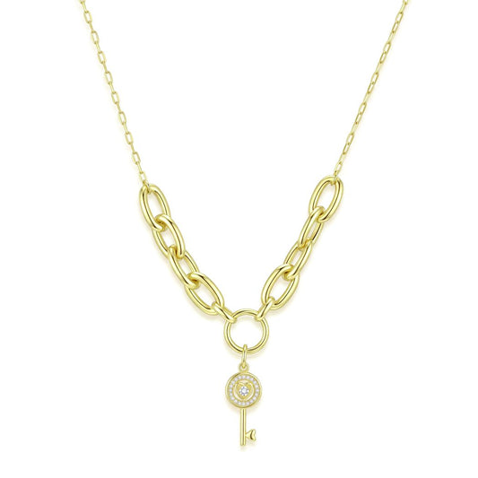 18K Gold Key Pendant Link Chain Necklace