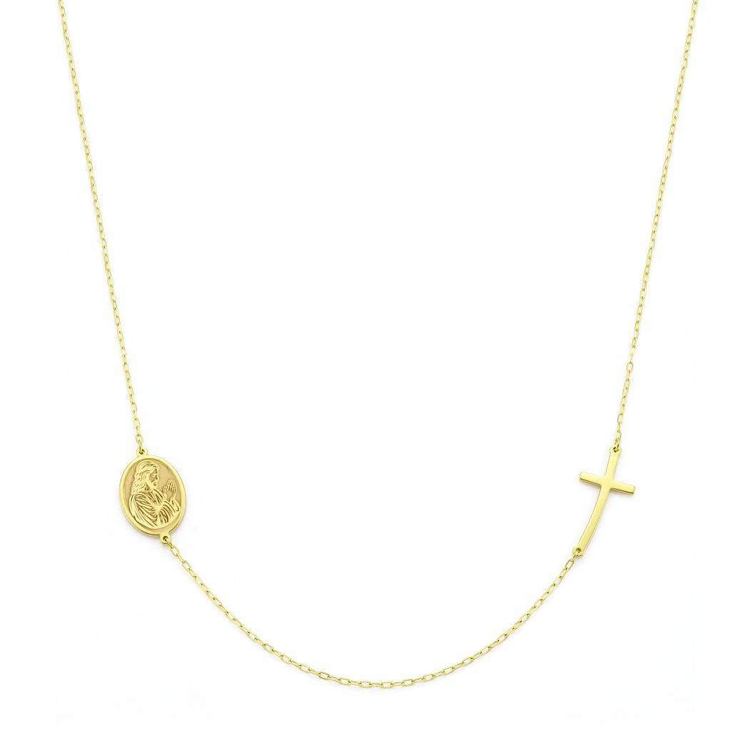 18K Gold Sideway Cross & Oval Medal Necklace