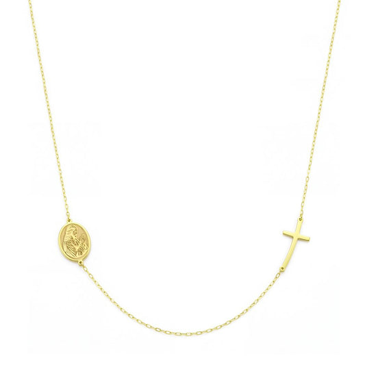 18K Gold Sideway Cross & Oval Medal Necklace