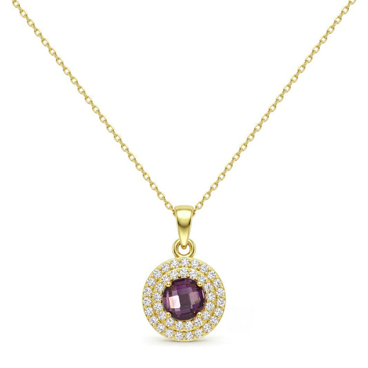 18K Gold Round Purple Zircon Double Halo Necklace