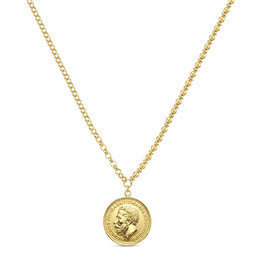 18K Gold Coin Pendant Split Chain Necklace