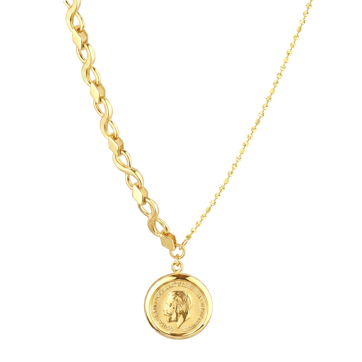 18K Gold Coin Pendant Asymmetric Link Necklace