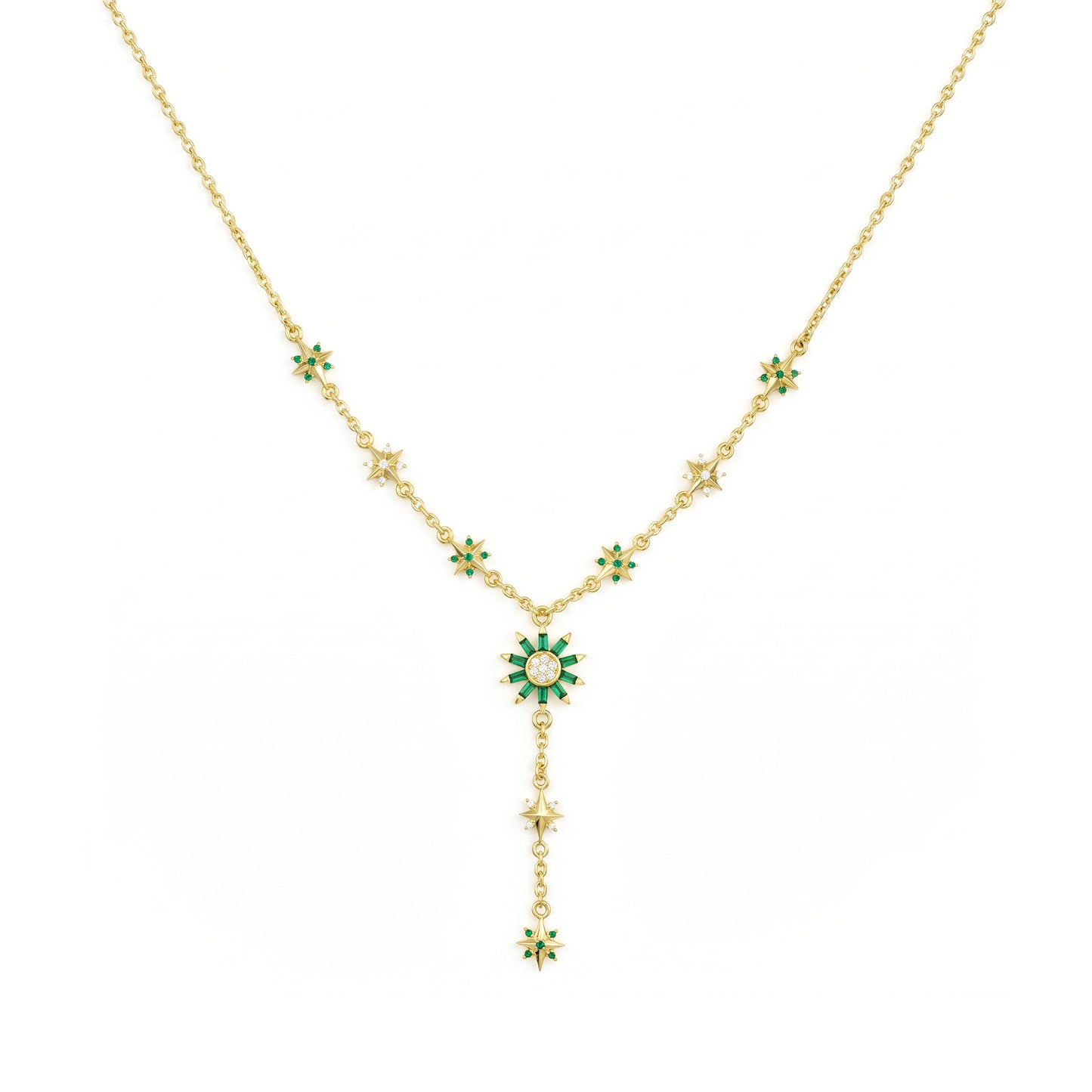 18K Gold Emerald-Toned Starburst Y-Necklace