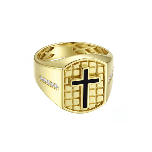 18K Gold Men's Textured Grid Black Cross Signet Ring