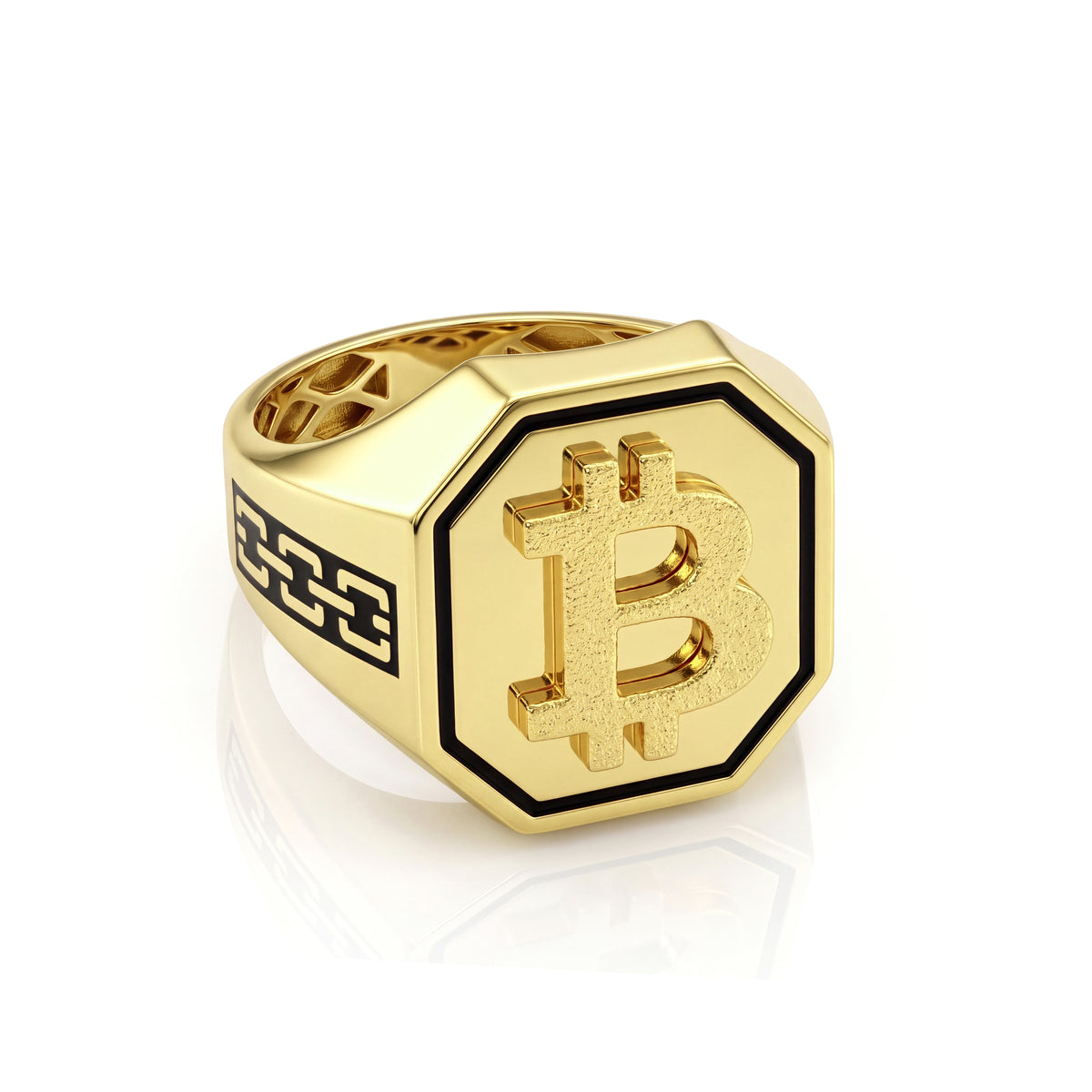 18K Gold Men's Octagon Bitcoin Symbol Signet Ring
