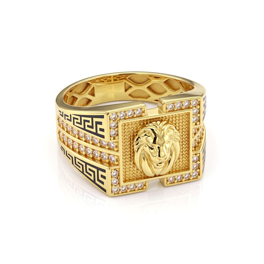 18K Gold Men's Sculpted Lion Head Greek Key Signet Ring